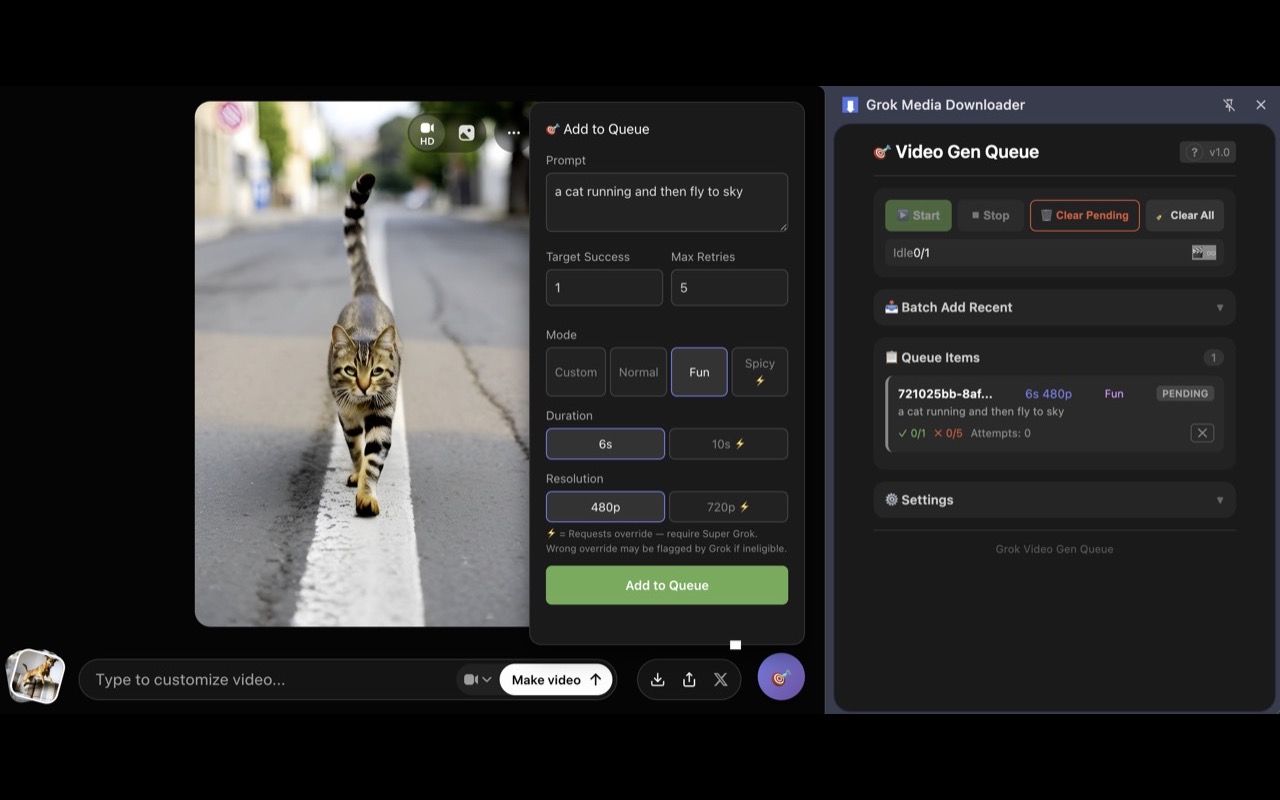 GrokMediaDownloader video gen queue — automated batch video generation with 4 modes and auto-retry